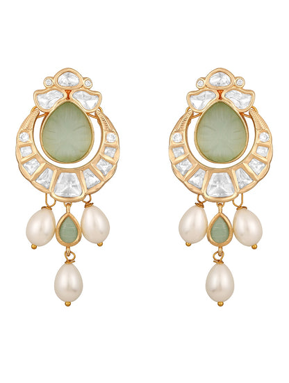 Gold Finish Kundan Polki & Green Onyx Handcrafted Long Necklace Set