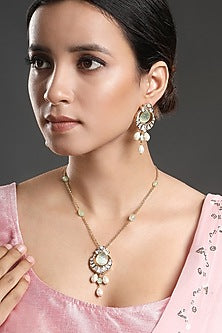 Gold Finish Kundan Polki & Green Onyx Handcrafted Long Necklace Set