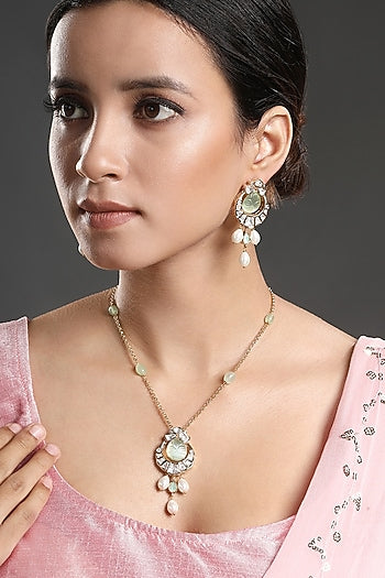 Gold Finish Kundan Polki & Green Onyx Handcrafted Long Necklace Set