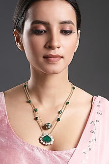 Two-Tone Finish Emerald Synthetic Stone Handcrafted Long Necklace