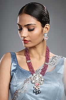 Two-Tone Finish Pink Agate Stone Handcrafted Long Necklace Set