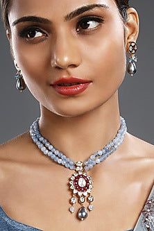 Gold Finish Blue Agate Beaded Handcrafted Long Necklace Set