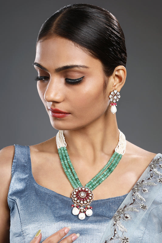 Gold Finish Multi-Colored Agate Beaded Handcrafted Long Necklace Set