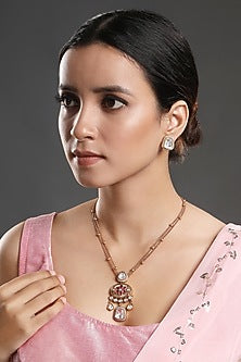 Gold Finish Onyx Handcrafted Long Necklace Set