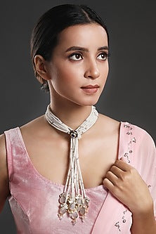 Two-Tone Finish Pearl & Onyx Handcrafted Long Necklace