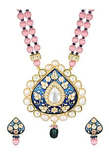 Micron Gold Finish Agate Stones Long Necklace Set