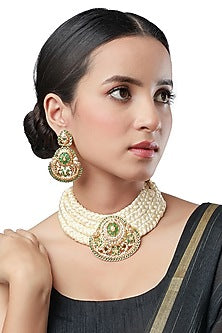 Micron Gold Finish Tumble & Agate Stones Choker Necklace Set