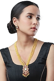 Micron Gold Finish Long Necklace Set With Agates & Kundan