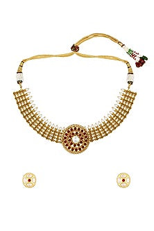 Micron Gold Finish Synthetic Ruby Stone Choker Necklace Set