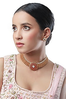 Micron Gold Finish Synthetic Ruby Stone Choker Necklace Set