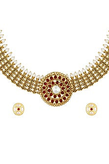 Micron Gold Finish Synthetic Ruby Stone Choker Necklace Set
