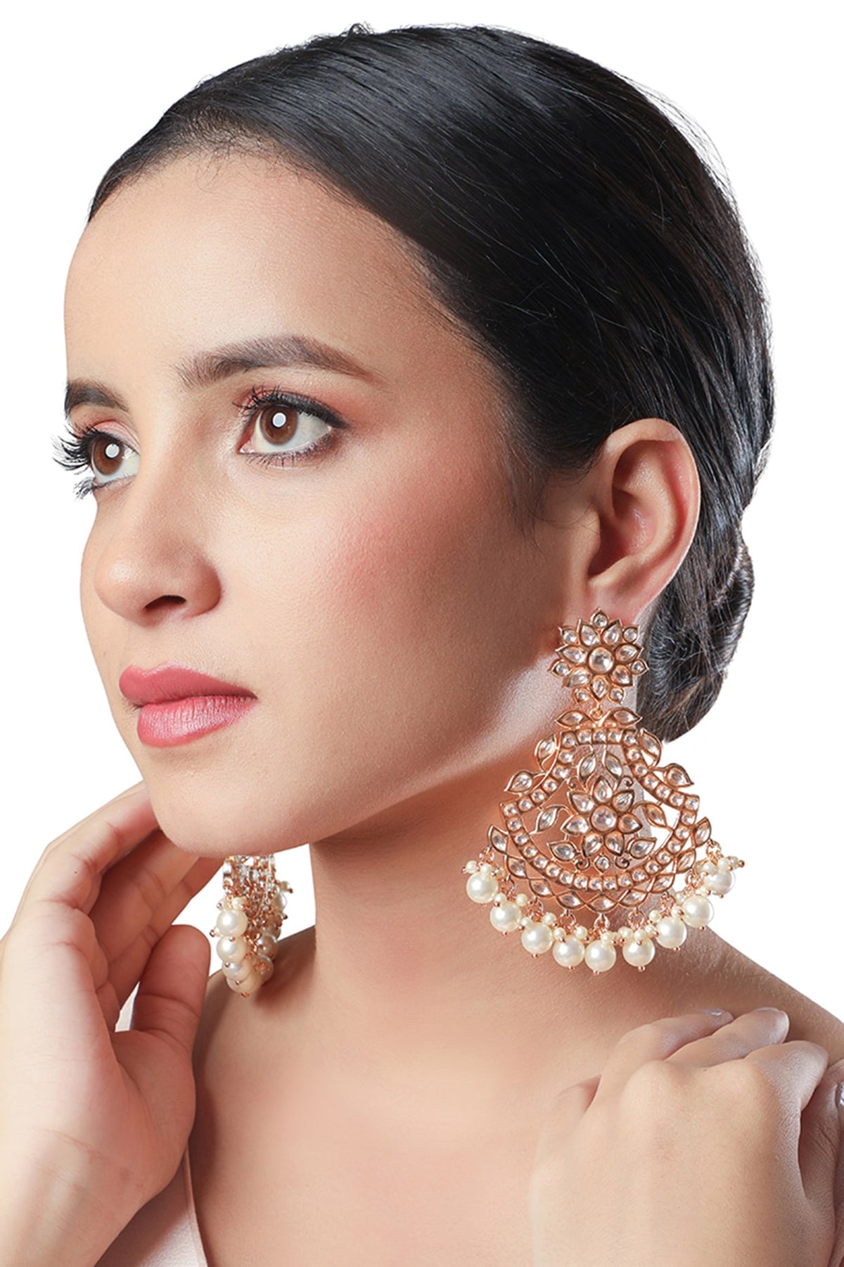 Micron Gold Finish Kundan Polki Chandbaali Earrings