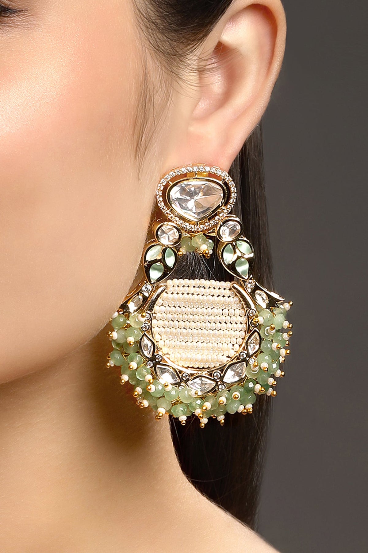 Micron Gold Finish Moissanite Kundan Polki & Agate Chandbali Earrings