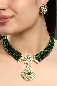 Micron Gold Finish Moissanite Kundan Polki & Green Agate Stone Choker Necklace Set