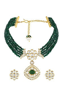Micron Gold Finish Moissanite Kundan Polki & Green Agate Stone Choker Necklace Set