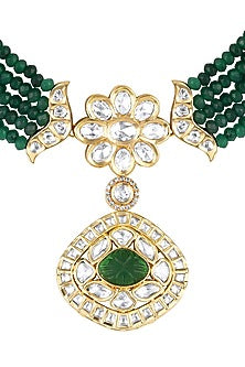 Micron Gold Finish Moissanite Kundan Polki & Green Agate Stone Choker Necklace Set