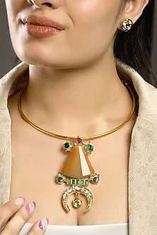 Micron Gold Finish Moissanite Kundan Polki & Natural Agate Stone Hasli Necklace Set