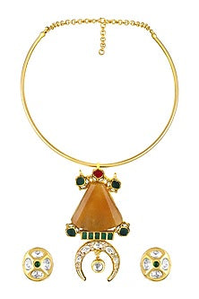 Micron Gold Finish Moissanite Kundan Polki & Natural Agate Stone Hasli Necklace Set