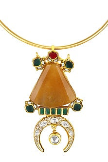 Micron Gold Finish Moissanite Kundan Polki & Natural Agate Stone Hasli Necklace Set