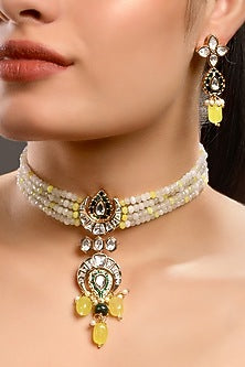 Micron Gold Finish Moissanite Kundan Polki & Onyx Tumble Choker Necklace Set