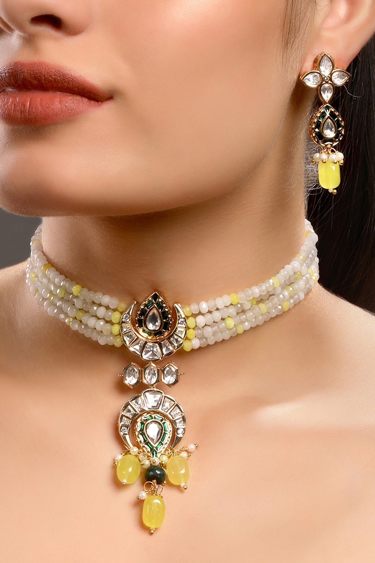 Micron Gold Finish Moissanite Kundan Polki & Onyx Tumble Choker Necklace Set