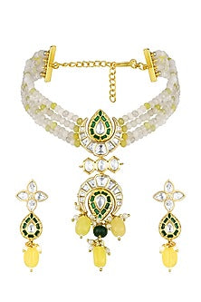Micron Gold Finish Moissanite Kundan Polki & Onyx Tumble Choker Necklace Set