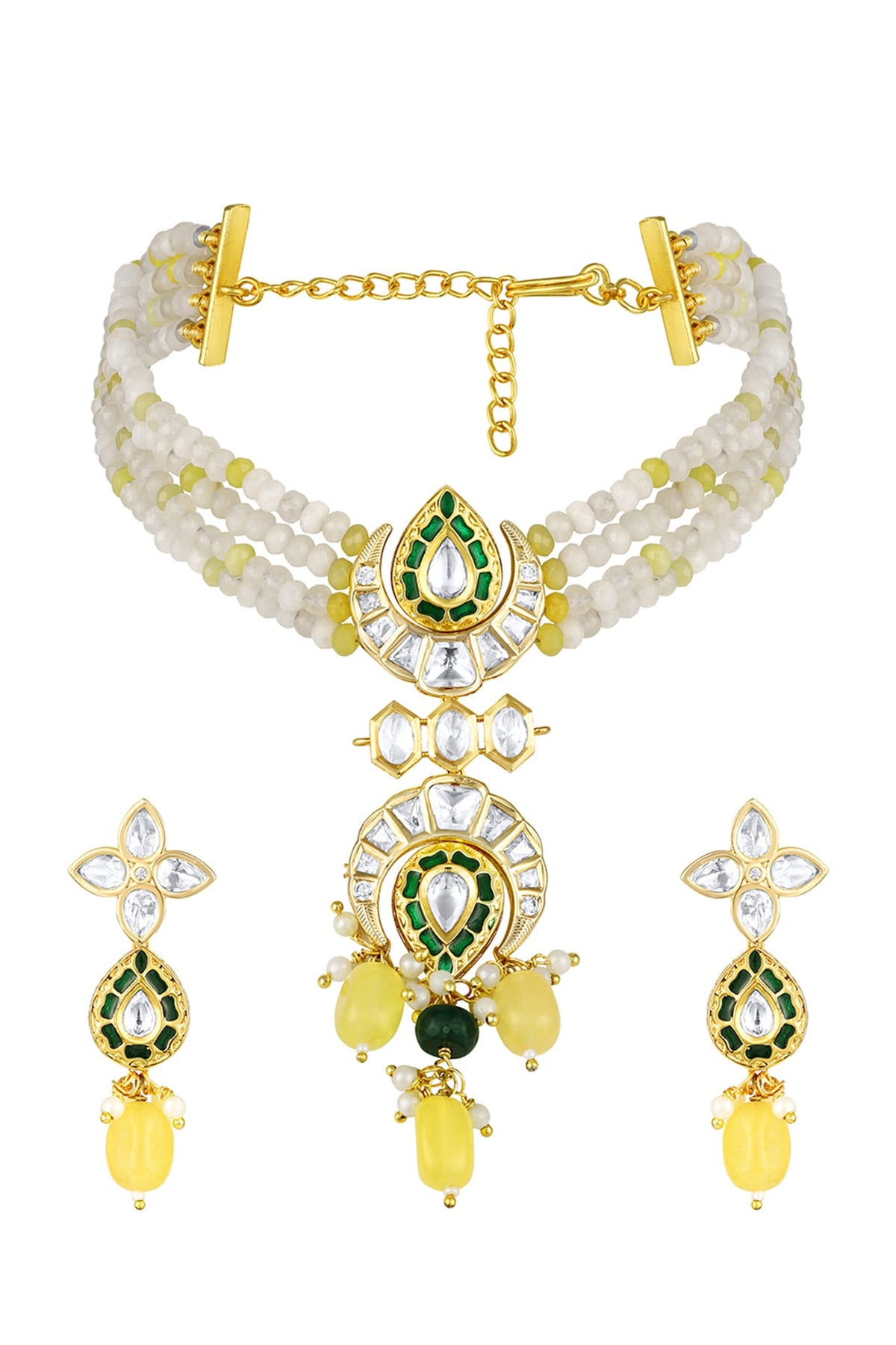 Micron Gold Finish Moissanite Kundan Polki & Onyx Tumble Choker Necklace Set