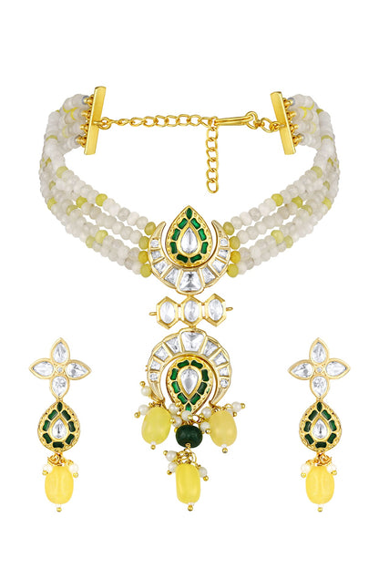 Micron Gold Finish Moissanite Kundan Polki & Onyx Tumble Choker Necklace Set