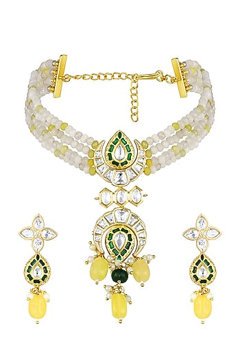 Micron Gold Finish Moissanite Kundan Polki & Onyx Tumble Choker Necklace Set