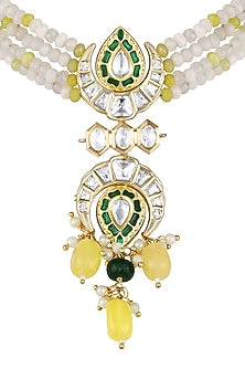 Micron Gold Finish Moissanite Kundan Polki & Onyx Tumble Choker Necklace Set