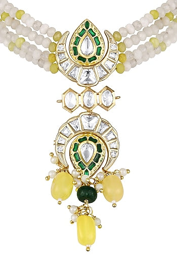Micron Gold Finish Moissanite Kundan Polki & Onyx Tumble Choker Necklace Set