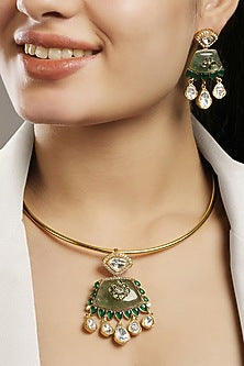 Micron Gold Finish Moissanite Kundan Polki & Green Onyx Stone Hasli Necklace Set