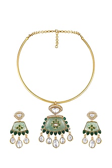 Micron Gold Finish Moissanite Kundan Polki & Green Onyx Stone Hasli Necklace Set
