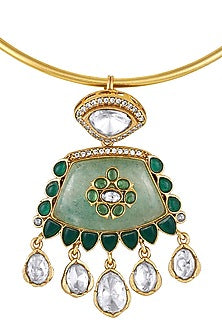 Micron Gold Finish Moissanite Kundan Polki & Green Onyx Stone Hasli Necklace Set