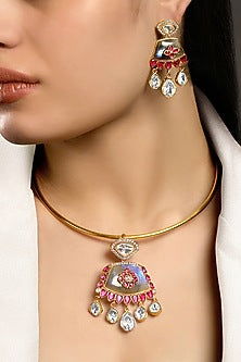Micron Gold Finish Moissanite Kundan Polki & Ruby Stone Hasli Necklace Set