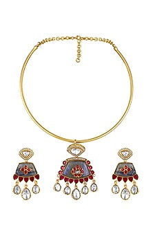 Micron Gold Finish Moissanite Kundan Polki & Ruby Stone Hasli Necklace Set