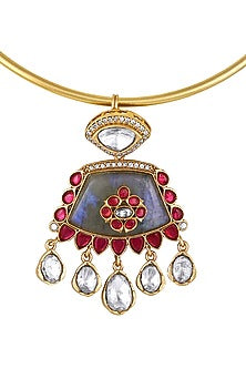 Micron Gold Finish Moissanite Kundan Polki & Ruby Stone Hasli Necklace Set