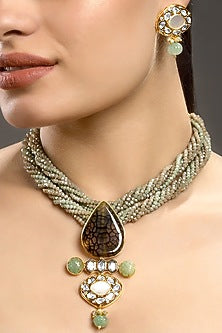 Micron Gold Finish Moissanite Kundan Polki & Natural Agate Stone Choker Necklace Set