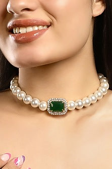 Micron Gold Finish Zircon & Shell Pearl Necklace