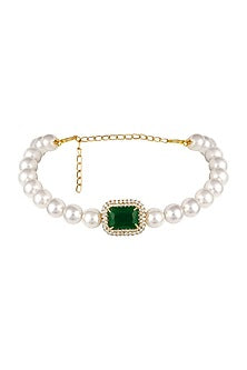 Micron Gold Finish Zircon & Shell Pearl Necklace