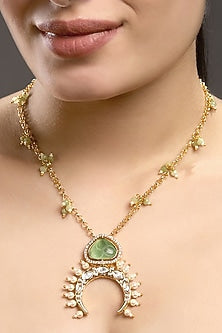 Micron Gold Finish Kundan Polki & Carved Onyx Stone Necklace