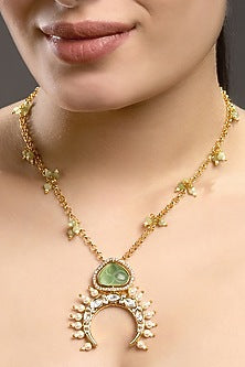 Micron Gold Finish Kundan Polki & Carved Onyx Stone Necklace