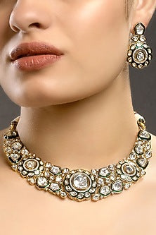 Micron Gold Finish Kundan Polki & Zircon Hand Painted Meenakari Choker Necklace Set