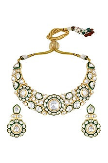 Micron Gold Finish Kundan Polki & Zircon Hand Painted Meenakari Choker Necklace Set