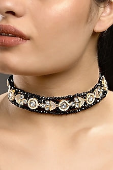 Micron Gold Finish Black Agate Stone Choker Necklace