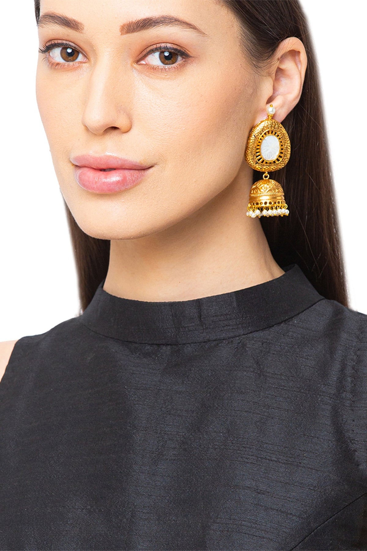 Gold Finish Pearl Jhumka Earrings