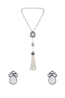Black Rhodium Finish Shell Pearl Long Necklace Set