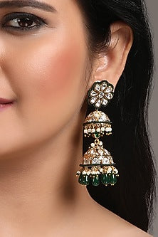 Gold Finish Kundan Polki & Green Agate Stone Jhumka Earrings