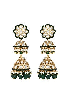 Gold Finish Kundan Polki & Green Agate Stone Jhumka Earrings