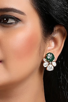 Gold Finish Kundan Polki & Emerald Synthetic Stone Stud Earrings